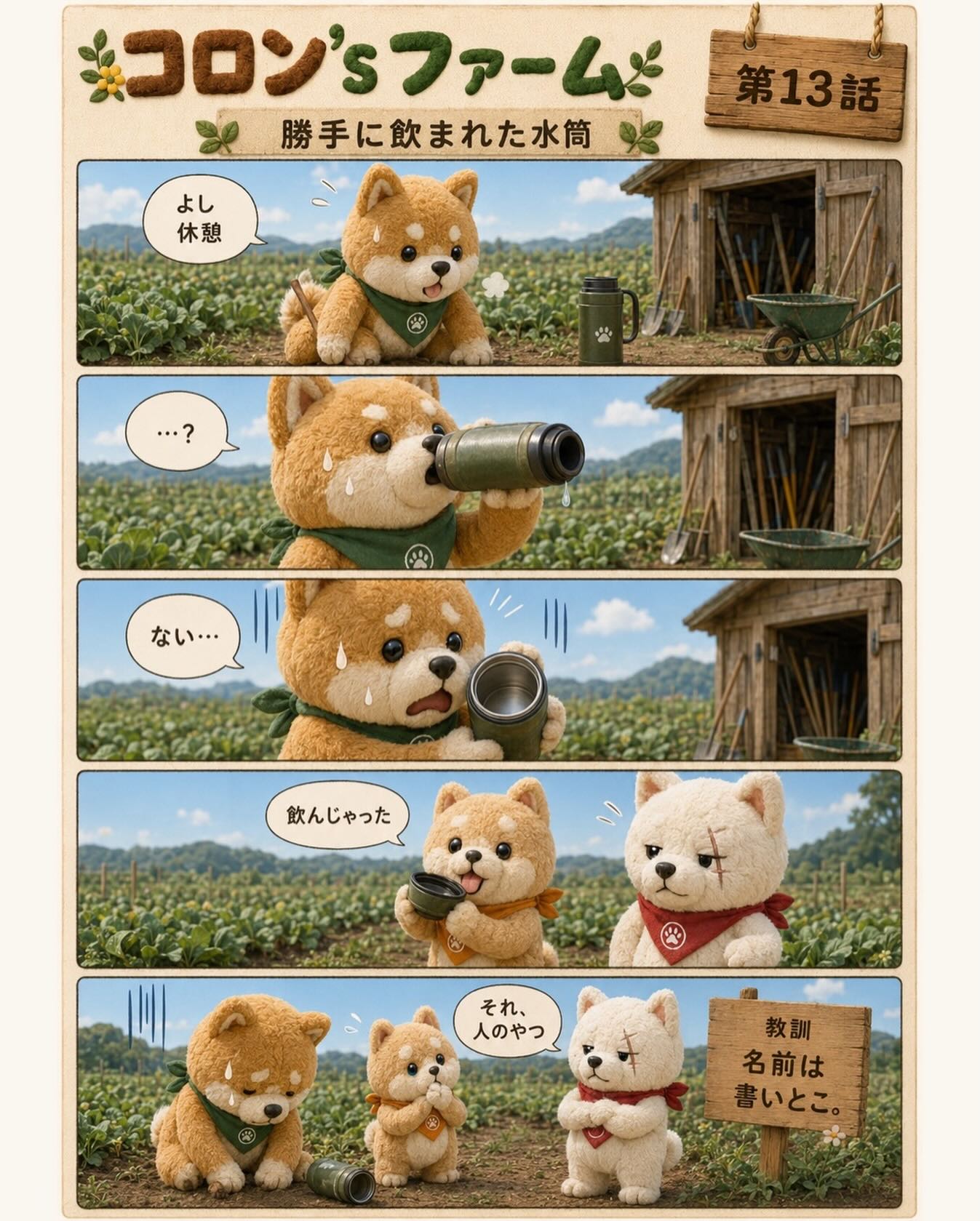 コロン’sファーム 第13話
「勝手に飲まれた水筒」

よし、休憩。

炎天下の畑作業で、
水筒の存在は命綱。

……のはずが。

飲もうと思ったら、
ない。

中身が、ない。

どうやら先に飲んだ子がいるようです。

しかも悪気ゼロ。
これが一番こわい。笑

教訓。
名前は書いとこ。

#コロンズファーム
#農業あるある
#農家の日常
#水筒
#熱中症