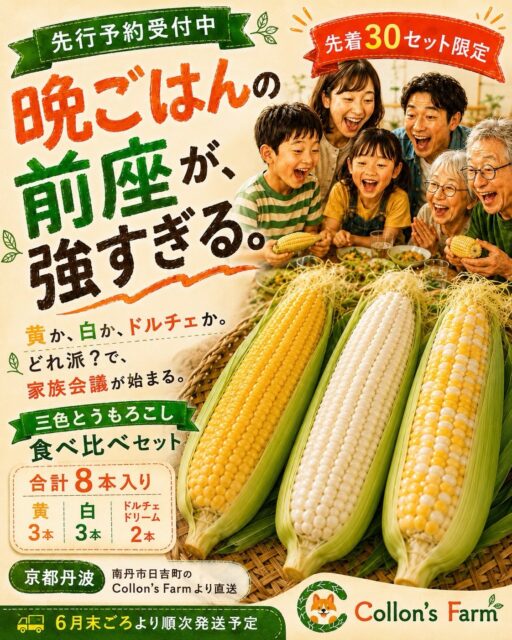 晩ごはんの前座が、強すぎる。

黄か、白か、ドルチェか。
家族で「どれ派？」が始まる、
三色とうもろこし食べ比べセットです🌽

今回は、先着30セット限定で
先行予約を受付します。

【セット内容】
・黄色とうもろこし × 3本
・白とうもろこし × 3本
・ドルチェドリーム × 2本

合計8本入り。

6月末ごろより、
収穫でき次第、順次発送予定です。

とうもろこしは鮮度が命。
収穫後できるだけ早く箱詰めし、
冷蔵便でお届けします。

今年の夏、
家族で“どれが一番好きか”を決めてください。

ご予約はプロフィールリンクからどうぞ🌽

※農産物のため、サイズや色味には個体差があります
※天候や生育状況により、発送時期が前後する場合があります
※できるだけ新鮮な状態でお届けするため、準備が整い次第、順次発送となります

#コロンズファーム
#とうもろこし食べ比べ
#京都丹波
#南丹市
#産地直送