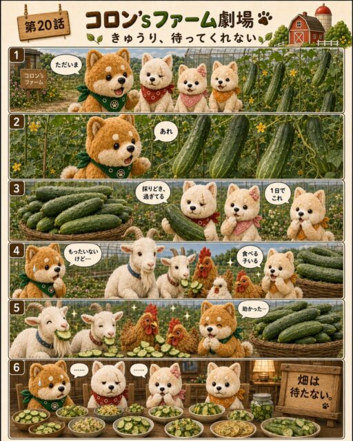 1日だけ、畑を休んだ。

たった1日。
でも、きゅうりには十分だった。

採りどきを逃したきゅうりを前に、
「もったいないなぁ」と思っていたら、
ヤギさんとニワトリさんがうれしそうに食べてくれた。

助かった……と思ったのも束の間。

晩ごはんも、きゅうり。
明日の分も、たぶんきゅうり。

畑は待たない。
きゅうりも待たない。

かわいい顔して、農業はわりと本気です。 

#コロンズファーム劇場
#農業あるある
#きゅうり
#柴犬ファミリー
#畑は待たない