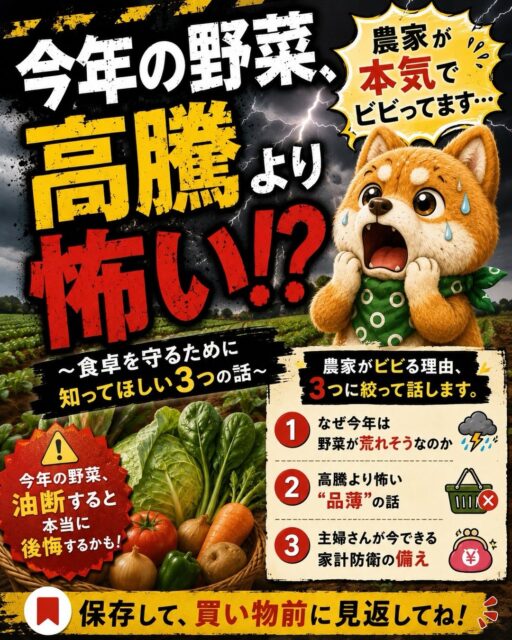 2026年5月から、もう暑すぎませんか？

畑に出ていると、
「今年ちょっと普通じゃないな」
と感じる日が増えています。

野菜って、暑ければ育つわけではありません。

暑すぎてもダメ。
雨が降らなさすぎてもダメ。
逆に、降りすぎてもダメ。

ほんまに繊細です。

最近ニュースでは、
野菜の高騰がよく出ています。

でも農家目線で見ると、
怖いのは値段だけじゃありません。

もっと怖いのは、
「欲しい野菜が買えない日」が出ること。

スーパーに行っても、
いつもの野菜がない。

あっても高い。
選べるほど並んでいない。

そんなことが、今年は起こるかもしれません。

もちろん、不安をあおりたいわけではありません。

でも、
ニュースで大きく取り上げられてからでは、
もう遅いこともあります。

まだ野菜があるうちに、
少しだけ備えておく。

保存できる野菜を買っておく。
冷凍できるものは冷凍しておく。
高い野菜にこだわらず、代わりになる野菜を知っておく。

それだけでも、家計と食卓の安心感は変わります。

「いつでも普通に買える」

それが当たり前じゃない年になるかもしれません。

農家として、今の畑を見ていて、
それを少し伝えておきたいと思いました。

この投稿、買い物前に見返せるように保存しておいてください。

みなさんの地域では、
野菜の値段や売り場の様子、変わってきていますか？

#コロンズファーム
#農家のリアル
#野菜高騰
#野菜不足
#食卓を守る