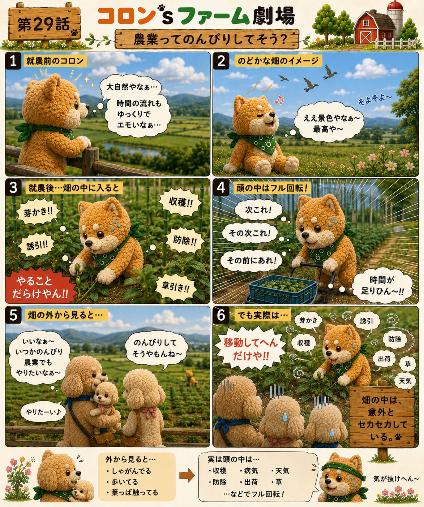 第29話『農業ってのんびりしてそう？』

就農前の私。

畑を見ながら、

「大自然やなぁ〜」
「時間の流れもゆっくりでエモいなぁ〜」

と思っていました🌱

でも実際に畑の中へ入ると…

芽かき
誘引
防除
収穫
出荷
草との戦い

頭の中は常にフル回転😂

外から見ると、
しゃがんで葉っぱを触っているだけ。

でも本人は、

「次これ！」
「その次これ！」
「その前にあれ！」

と意外とセカセカしています🤣

農業がのんびり見えるのは、
移動距離や動作が少ない作業が多いだけかもしれません🚜🌱⁡
⁡
#コロンズファーム
#コロンズファーム劇場
#農業あるある
#新規就農
#農家の日常
