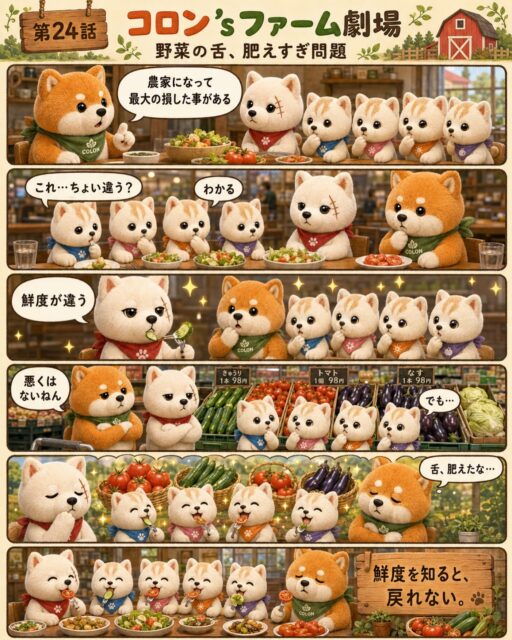 第24話

農家になって、最大の損したこと。

それは、
家族全員の野菜に対する舌が、
異常なほど肥えてしまったこと。

「これ、ちょっと鮮度違う？」
「味が薄い気がする」
「うちの採れたて知ってしまったからなぁ……」

一度、畑で採れたての味を知ると、
なかなか元には戻れない。

ありがたいような、
ちょっと困るような。

鮮度を知ると、戻れない。

#コロンズファーム劇場
#農業あるある
#野菜のある暮らし
#採れたて野菜
#鮮度を知ると戻れない
