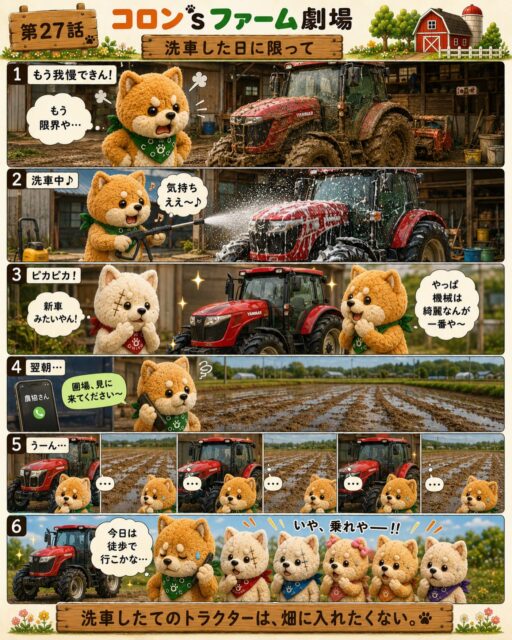 第27話『洗車した日に限って』
汚れたトラクターを見るたびに、
「よし、今日は洗うぞ!」となります🚜✨
高圧洗浄機でピカピカにして、
綺麗になった姿を見ると気分もスッキリ。
でも…
そんな日に限って、
翌日の圃場はドロドロ🤣
トラクターを見る。
畑を見る。
もう一回トラクターを見る。
農家なら一度は経験あるはずです(笑)
洗車したてのトラクターは、
なぜか畑に入れたくなくなるんですよね😂
#コロンズファーム
#コロンズファーム劇場
#農業あるある
#トラクター
#農家の日常