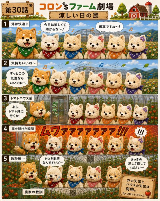 第30話「涼しい日の罠」🍅☀️

今日は涼しいなぁ〜♪

そう思ってトマトハウスの扉を開けた瞬間…

ムワァァァァァ！！！🔥

外は快適。
でもハウスの中はしっかり夏でした🤣

農家の体感温度は、
天気予報ではなくハウスの扉を開けて決まります。

トマトたちは元気いっぱいですが、
人間は汗だくです💦

皆さんも熱中症にはお気をつけください😊

急がず、止まらず。

#コロンズファーム
#農業あるある
#トマト栽培
#農家の日常
#農業漫画