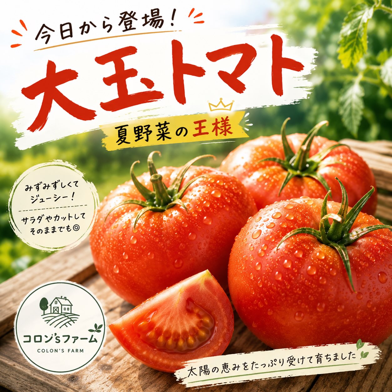 🍅✨本日から 大玉トマト 登場！

夏野菜の王様が、コロン’sファームの無人販売所に並びます😊

朝採れだから、みずみずしくてジューシー。
まずはそのまま丸かじり、サラダ、カプレーゼにもおすすめです♪

数量に限りがありますので、お早めにどうぞ🌿

#コロンズファーム
#大玉トマト
#夏野菜
#農家直送
#京都農家
