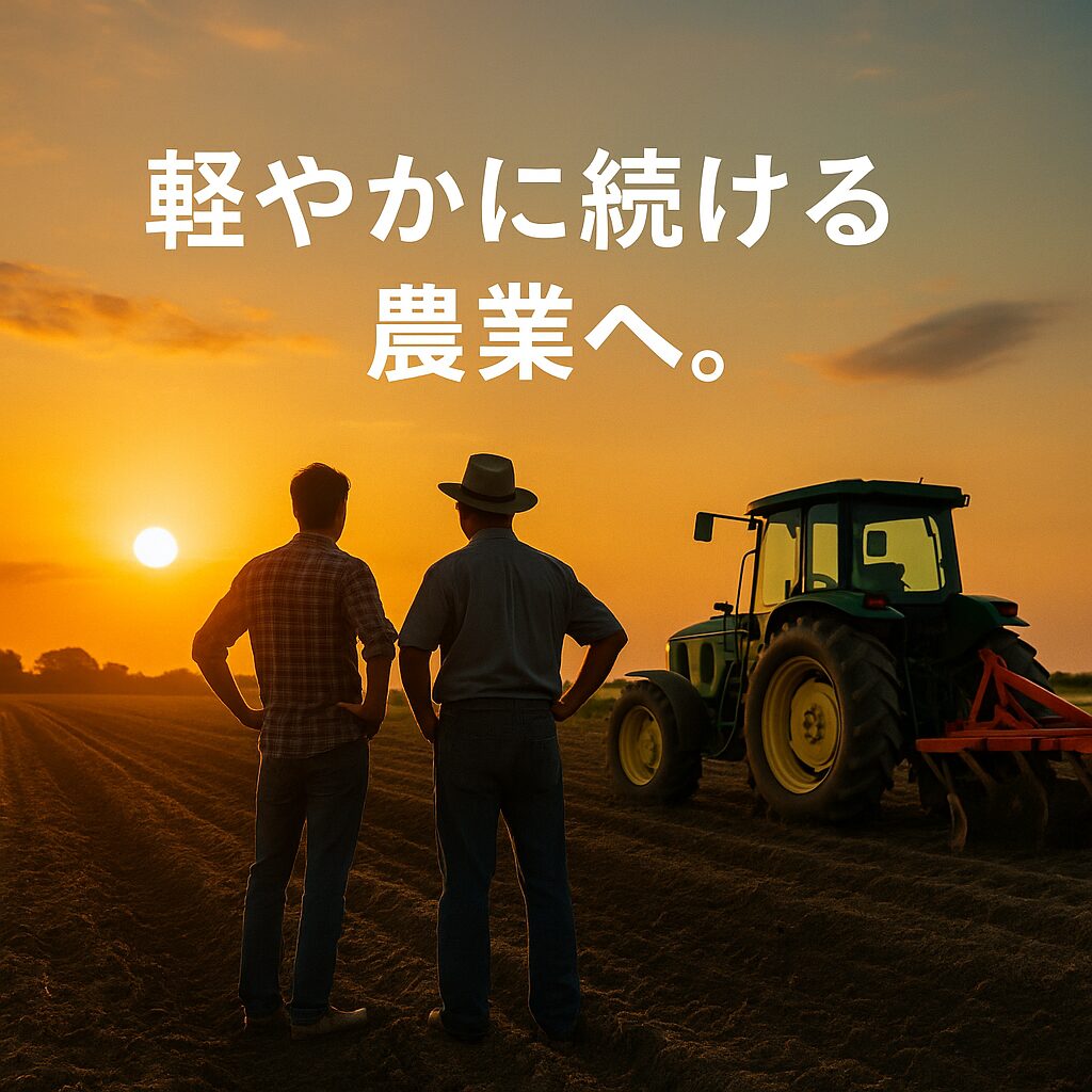 未来へ続く畑の道をイメージしたビジュアルに「軽やかに続ける農業へ。」というテキストが添えられたアイキャッチ画像