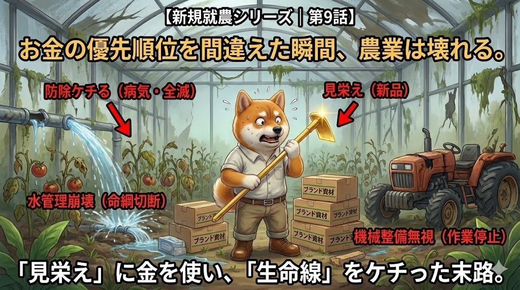 新規就農シリーズ第9話のアイキャッチ。見栄えにお金を使い、防除・水管理・機械整備をケチった結果、作物が枯れ、ハウス内が崩壊していく様子をしば犬が困惑した表情で見つめているイラスト。
