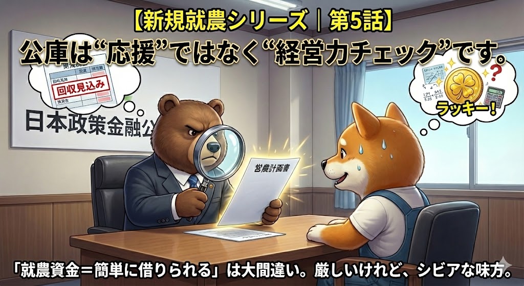 【新規就農シリーズ 第5話】公庫は応援ではなく経営力チェック。就農資金は簡単ではなく、厳しいけれど味方という現実を表したイラスト。