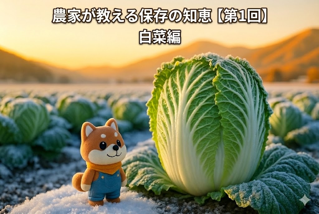 霜の降りた白菜畑と柴犬マスコット｜白菜を腐らせない保存の知恵