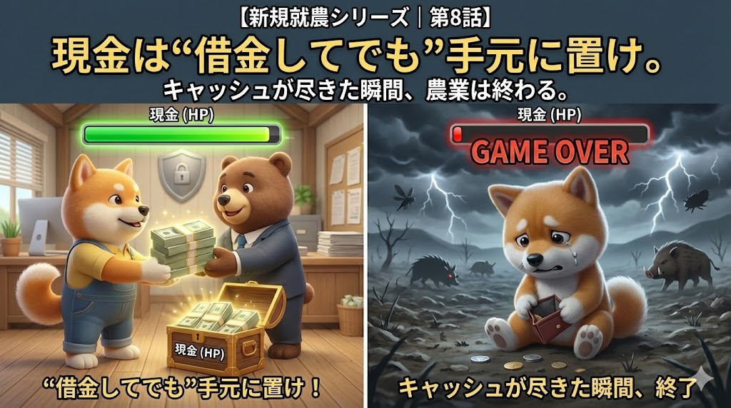 現金を借金してでも手元に置く重要性を示す新規就農シリーズ第8話のアイキャッチ。現金（HP）を満タンにする農家のしば犬と、現金が尽きてゲームオーバーになるしば犬が対比で描かれている。