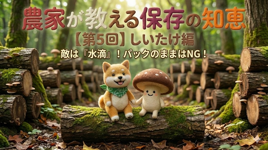 森の中で、柴犬キャラとしいたけキャラが並ぶ「農家が教える保存の知恵【第5回】しいたけ編」のアイキャッチ画像
