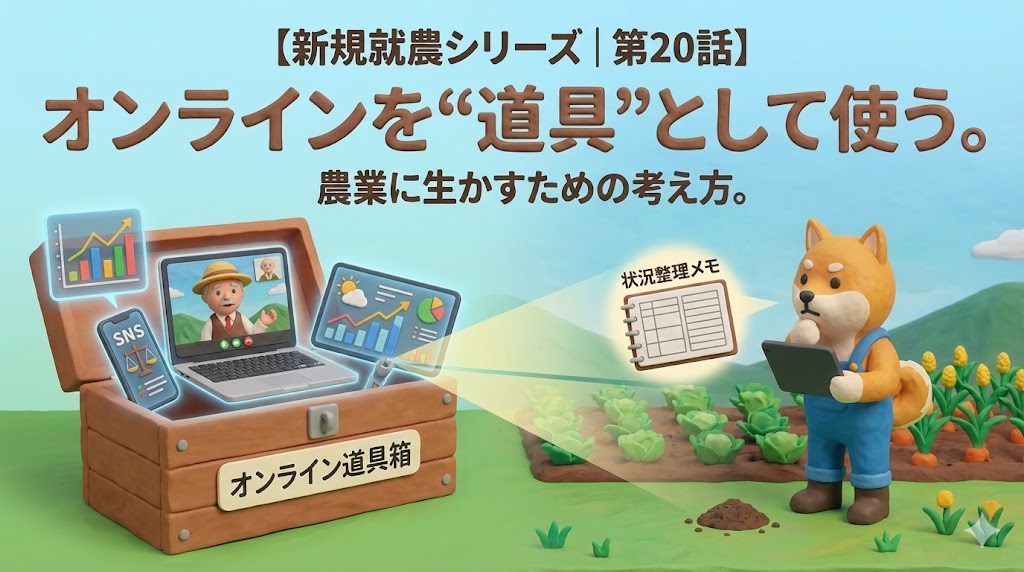 新規就農シリーズ第20話のアイキャッチ画像。オンラインを農業の道具として活用する考え方を表したイラスト。