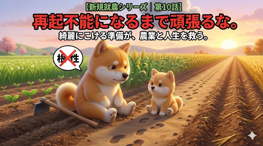 新規就農シリーズ第10話：再起不能になるまで頑張るな。綺麗にこける準備が農業と人生を救う、というメッセージを柴犬キャラクターが畑で語るアイキャッチ画像
