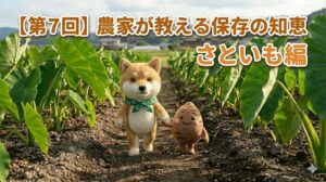 【第7回】農家が教える保存の知恵 さといも編｜里芋畑の畝間を歩く柴犬と里芋のイラスト