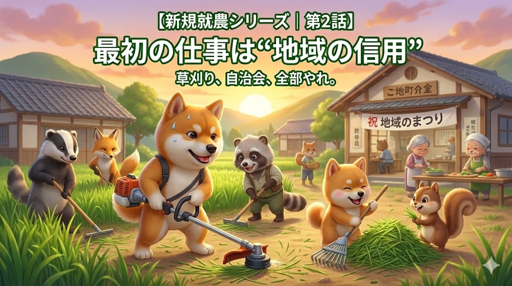 新規就農シリーズ第2話のアイキャッチ画像。地域の信用づくりをテーマに、柴犬たちが草刈りや地域行事に参加する様子を描いたイラスト。