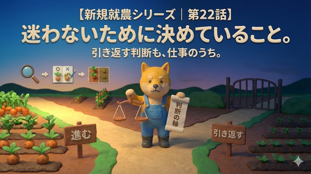 新規就農シリーズ第22話のアイキャッチ画像。農業で迷わず判断し、引き返す選択も含めて前に進む姿勢を表したイラスト。