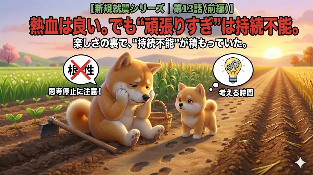 夢中で農業に取り組む柴犬キャラクターと、気づきを得る農業のシーンを描いた新規就農シリーズ第13話のアイキャッチ画像