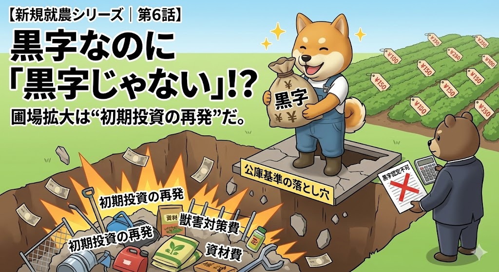 黒字のつもりでも初期投資が再発して赤字扱いになる新規就農の落とし穴を、穴に落ちる柴犬と公庫担当のイラストで表現した解説画像。