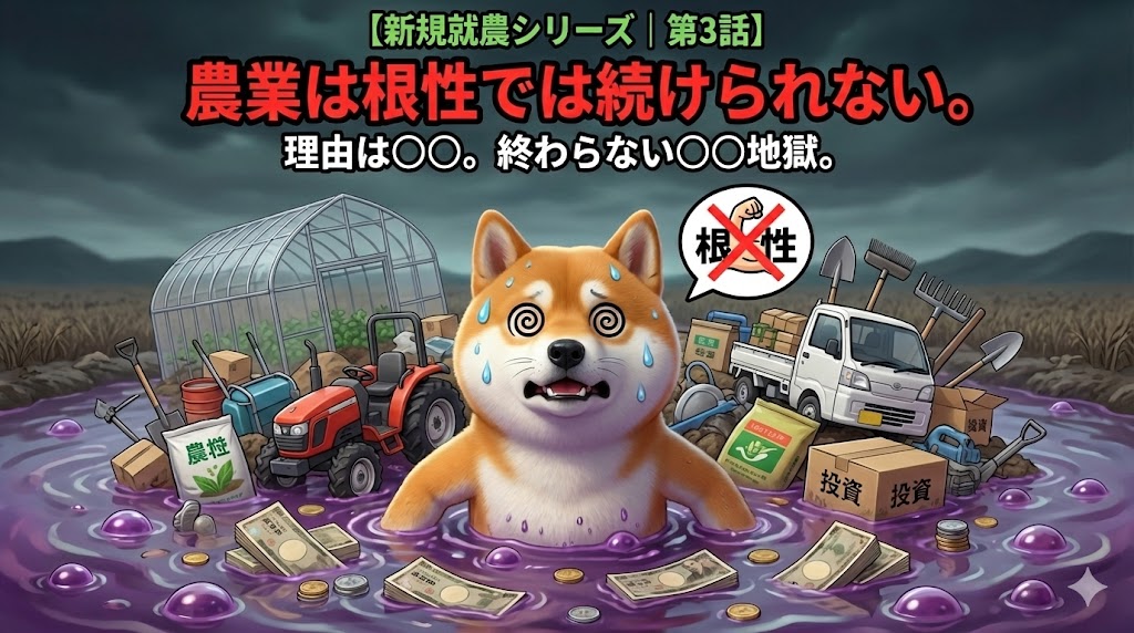 新規就農シリーズ第3話。柴犬が毒の沼のようなお金の地獄に沈み、周囲にはトラクターや軽トラ、資材や投資品が積み上がっている。「農業は根性では続けられない」というテーマを象徴するイラスト。