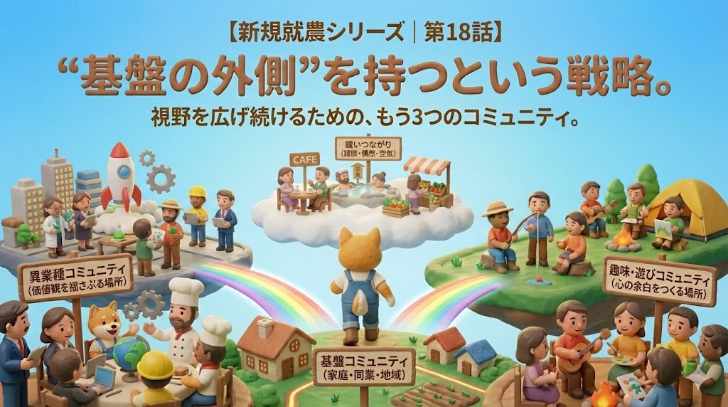 新規就農シリーズ第18話のアイキャッチ画像。異業種・趣味・緩いつながりなど視野を広げるコミュニティを表すイラスト。