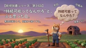 新規就農シリーズ第14話のアイキャッチ画像。“持続可能って何やろ”と考える柴犬キャラの農業シーン。