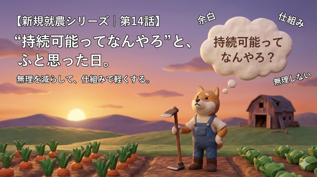 新規就農シリーズ第14話のアイキャッチ画像。“持続可能って何やろ”と考える柴犬キャラの農業シーン。