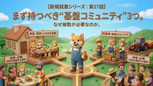 新規就農シリーズ第17話のアイキャッチ画像。農業者が持つべき基盤コミュニティ3つを表すイメージイラスト。