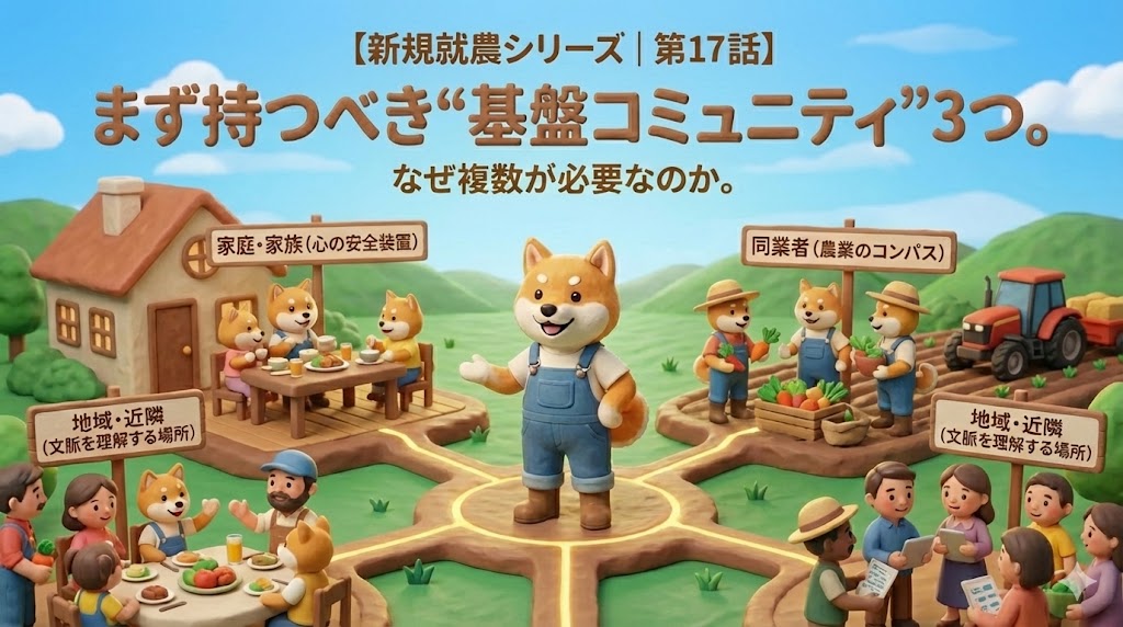 新規就農シリーズ第17話のアイキャッチ画像。農業者が持つべき基盤コミュニティ3つを表すイメージイラスト。