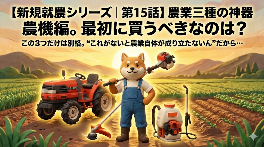 新規就農シリーズ第15話のアイキャッチ画像。草刈り機・トラクター・動噴を紹介する“農業三種の神器”のイメージ。