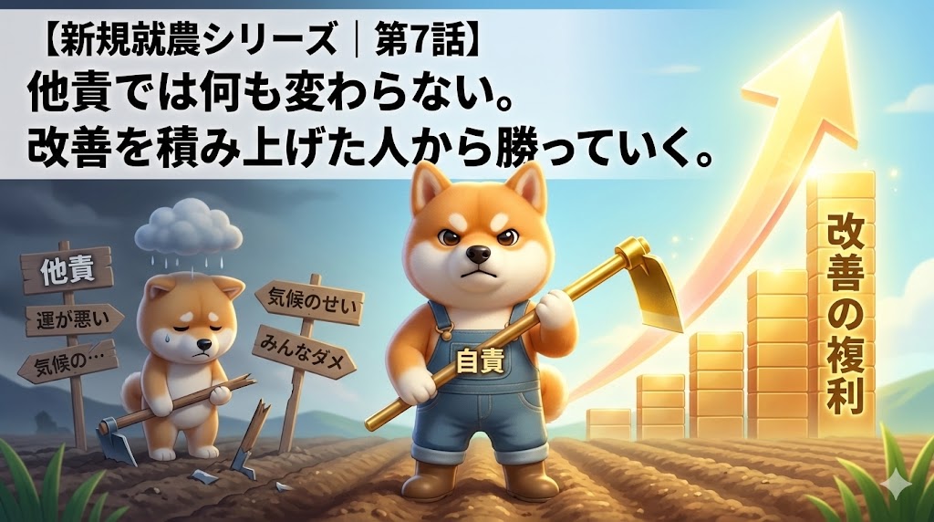 他責では何も変わらない。自責と改善の積み上げをテーマにした新規就農シリーズ第7話のイラスト。自責のしば犬が成長を示す上昇グラフの前に立ち、他責のしば犬が言い訳の看板を持って落ち込んでいる。