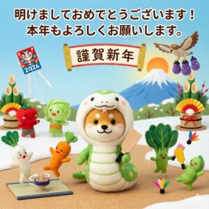 コロン’sファームの新年のご挨拶イラスト（干支蛇の着ぐるみ）