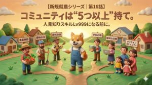 新規就農シリーズ第16話のアイキャッチ画像。田舎で視野が縮む危機と、コミュニティを複数持つ重要性を表すイメージ。