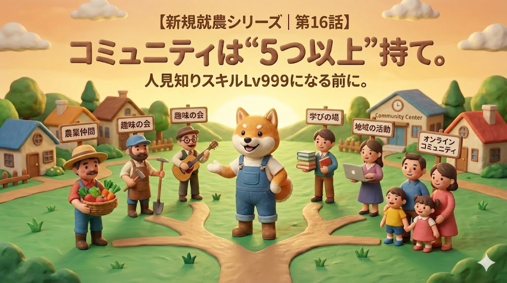 新規就農シリーズ第16話のアイキャッチ画像。田舎で視野が縮む危機と、コミュニティを複数持つ重要性を表すイメージ。
