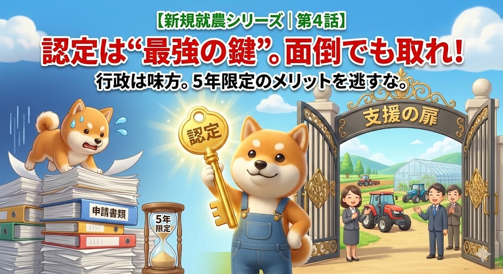 新規就農シリーズ第4話のアイキャッチ。柴犬のキャラクターが「認定」と書かれた大きな鍵を持ち、支援の門が開く様子を描いたイラスト。左側には申請書類の山と「5年限定」の砂時計、右側には行政担当者と農業機械が並ぶ農業支援のシーン。