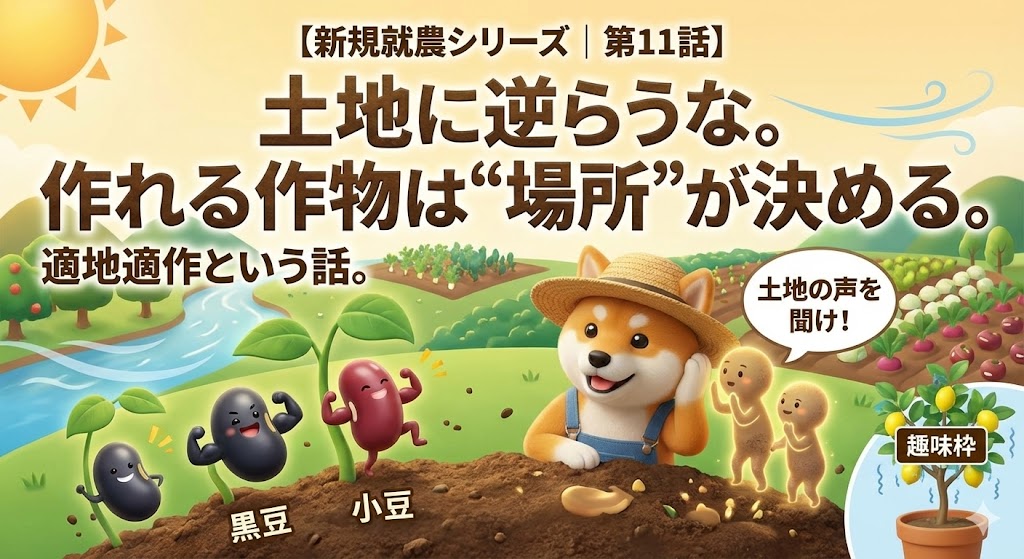 畑で柴犬の農家が耳を澄ませて土地の声を聞き、黒豆や小豆など“その土地に合う作物”が元気に育っている様子を描いたイラスト。背景にはレモンの鉢植えが趣味枠として置かれ、適地適作と土地に逆らわない農業の重要性を表現している。