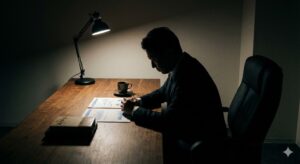 嫌われ役を引き受ける経営者が一人で判断を下す様子。感情を抑え統制で組織を守る戦略的リーダーシップ。