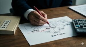 経営判断の線引きを行う代表取締役の手元。役割分担と任せてはいけない仕事を整理する戦略的思考。