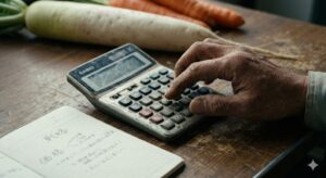 電卓で価格を計算する農家の手元 安売りに気づかず価格設計を考える弱者の経営判断