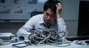 忙しさに追われ判断を誤る経営者の象徴的なイメージ。絡まった問題と判断疲れを表現。