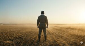 原因を自分に引き受ける覚悟を象徴する 圃場に立つ農業経営者の後ろ姿