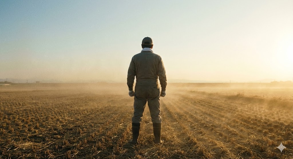 原因を自分に引き受ける覚悟を象徴する 圃場に立つ農業経営者の後ろ姿