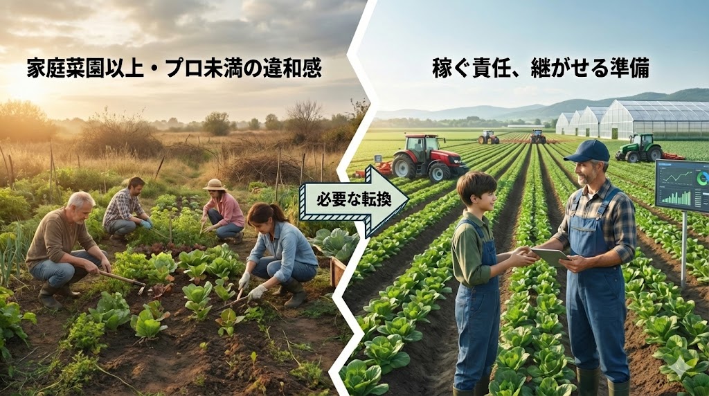 家庭菜園以上・プロ未満の農業が増える違和感と、稼ぐ責任・継がせる準備へ転換する必要性を示す比較イメージ