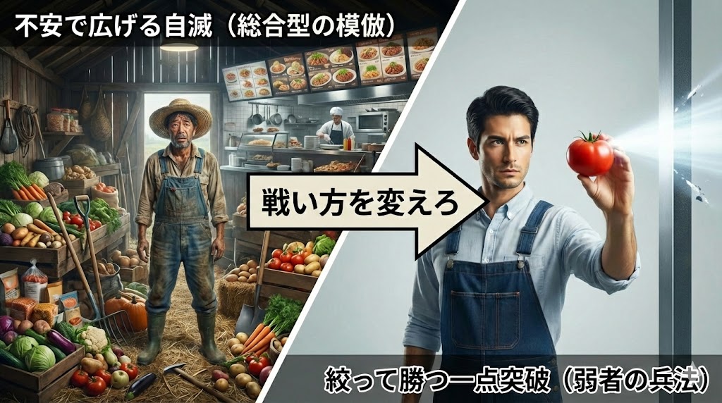 小規模経営が不安から手を広げて自滅する構図と、戦う場所を絞り一点突破で勝ちに行く弱者戦略を対比したイメージ。孫子兵法やランチェスター戦略、行動心理学に基づく経営の考え方を表している。