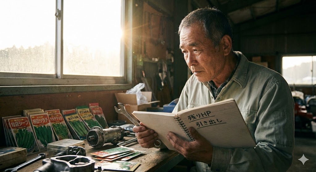 農業の作業場で、残りHPと引き出しをノートで確認しながら次の一手を考える農家。再起不能になる前に戦略的な判断を行う姿を表している。