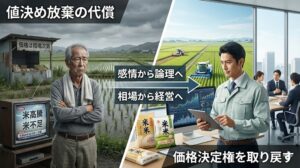 米高騰や米不足を背景に、価格を相場任せにする農業と、価格決定権を持ち経営として農業に向き合う姿勢の対比を表したイメージ