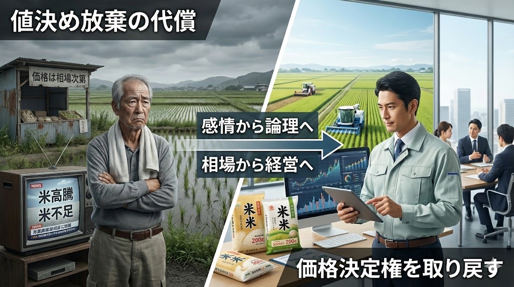 米高騰や米不足を背景に、価格を相場任せにする農業と、価格決定権を持ち経営として農業に向き合う姿勢の対比を表したイメージ